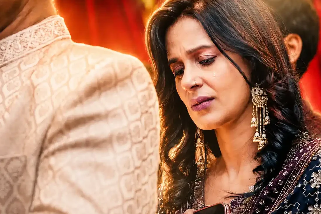 An emotional moment as Zobia's mother sheds a tear during the Nikah ceremony at Fort Royal in Aligarh